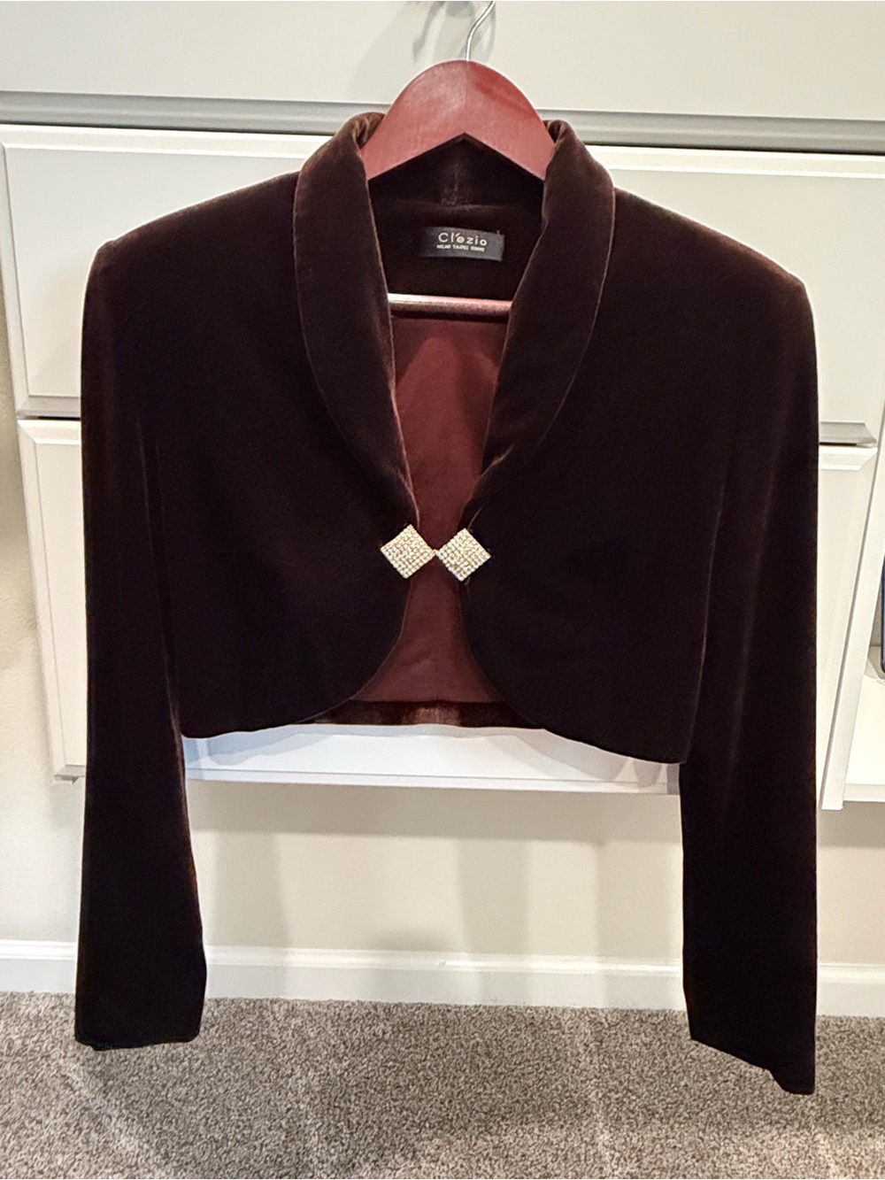 Dark Brown Velvet Cropped Jacket with Embellished Closure